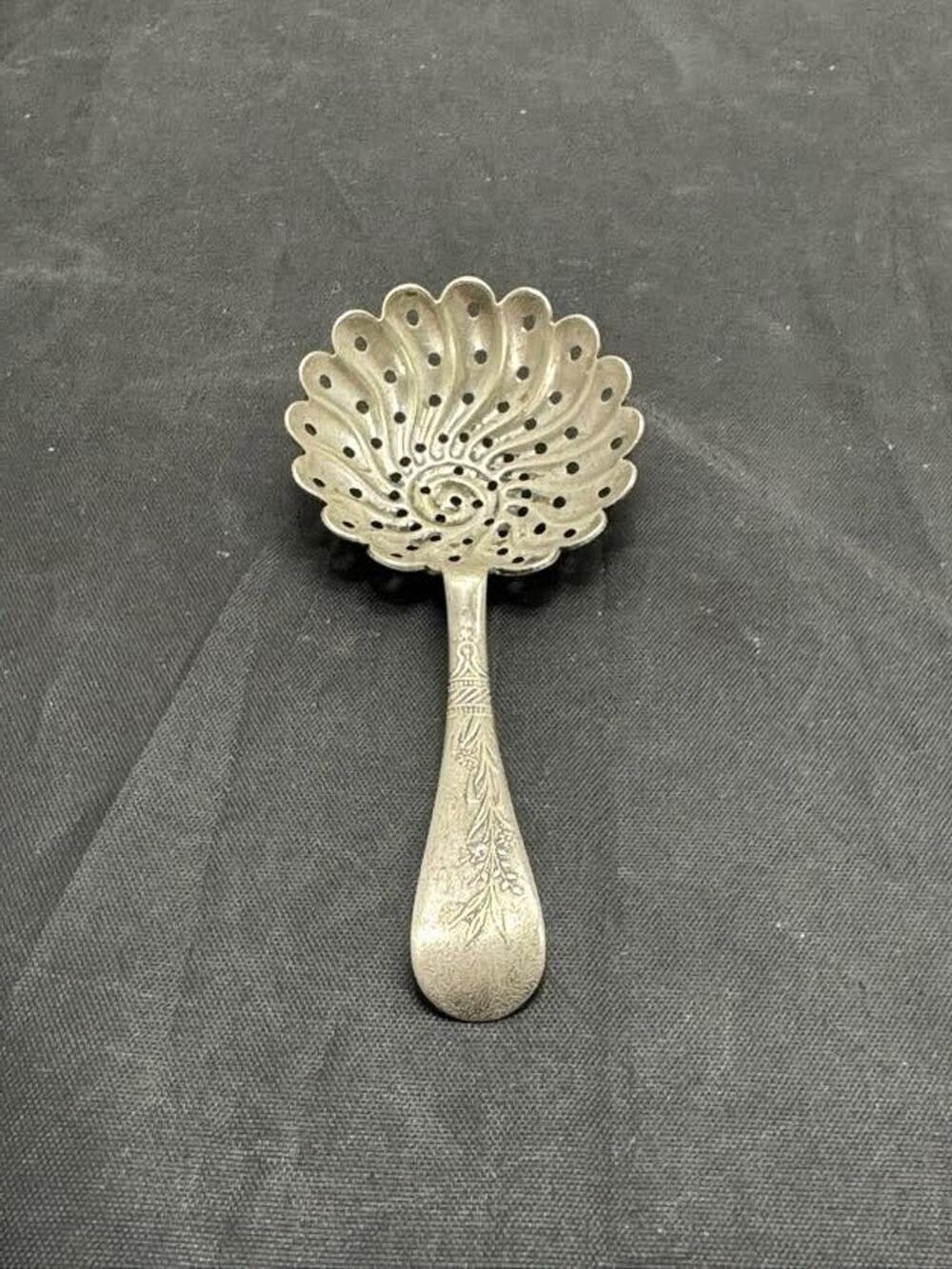 Antique NF Nickel Silver Co Julep Strainer Bon Bon Nut Spoon Scalloped Shell 4"
